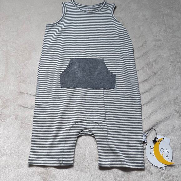 Moon + Beck 3/4T Sleeveless Kangaroos Pocket Romper New Gray/White Striped - Picture 3 of 9